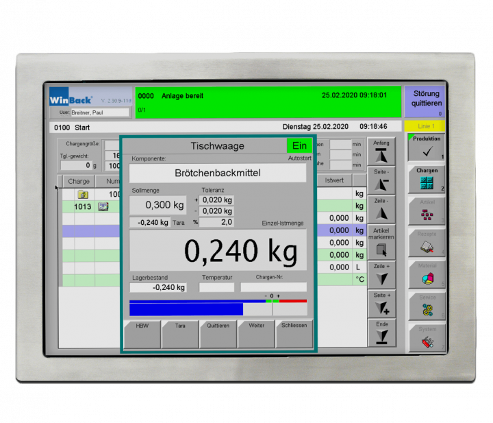WinBack Rezeptursteuerung: Monitor mit Software in Aktion